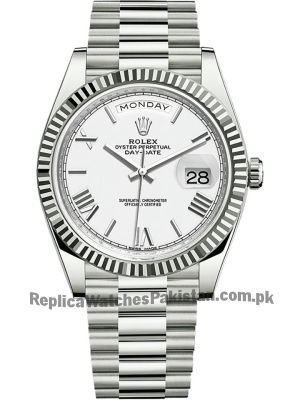 Rolex Day-Date White Roman Dial Fluted Bezel President Bracelet Watch