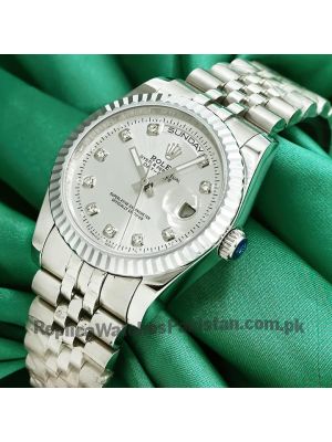 Rolex Day Date silver diamond dial watch